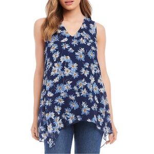 NWT Karen Kane Flowy tank tunic top in navy and sky blue with tan floral v neck